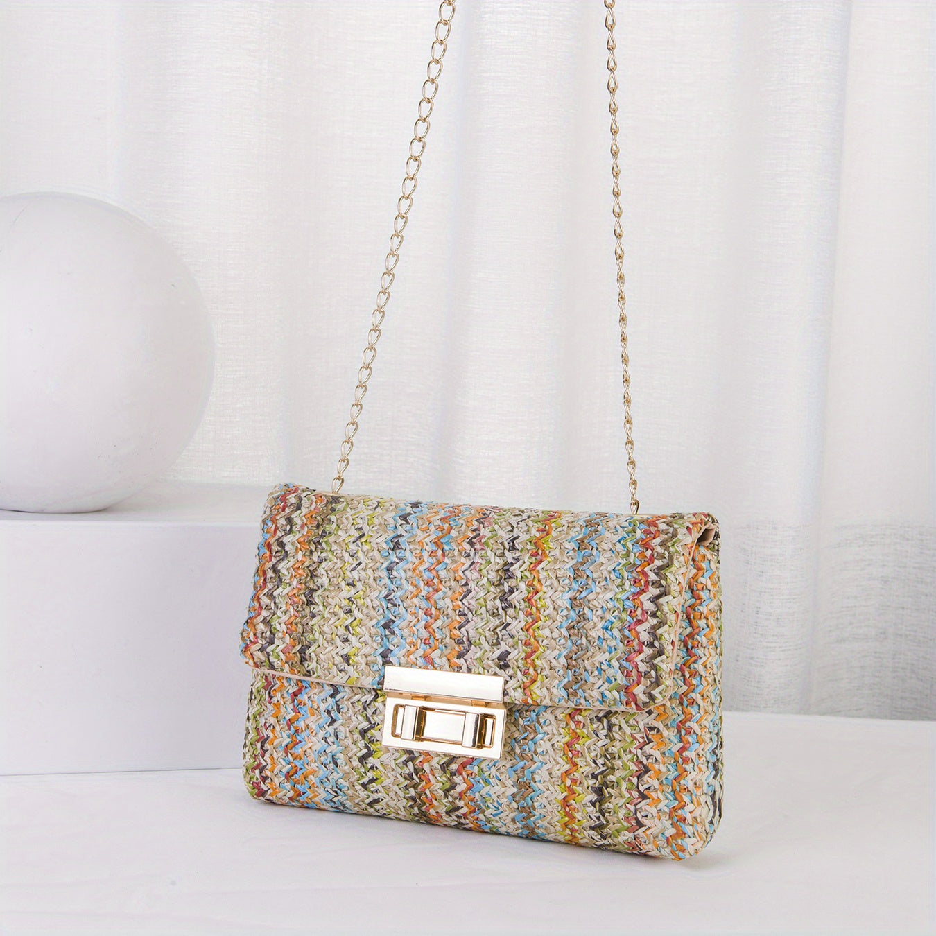 realaiot  Colorful Straw Woven Beach Bag, Fashion Chain Crossbody Bag, Women's Rainbow Design Square Purse