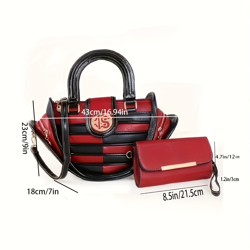 Trendy Colorblock Handbag Set, Women's Stylish Zipper Double Handle Purse & Coin Purse Set