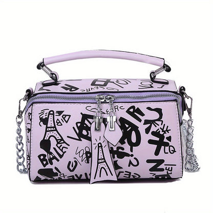 Graffiti Handbags For Women, Trendy Chain Crossbody Bag, Small Zipper Box Purse