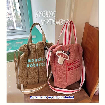 realaiot  Aesthetic Plush Tote Bag For Women, Letter Embroidery Crossbody Bag, Cute Autumn Winter Furry Shoulder Bag