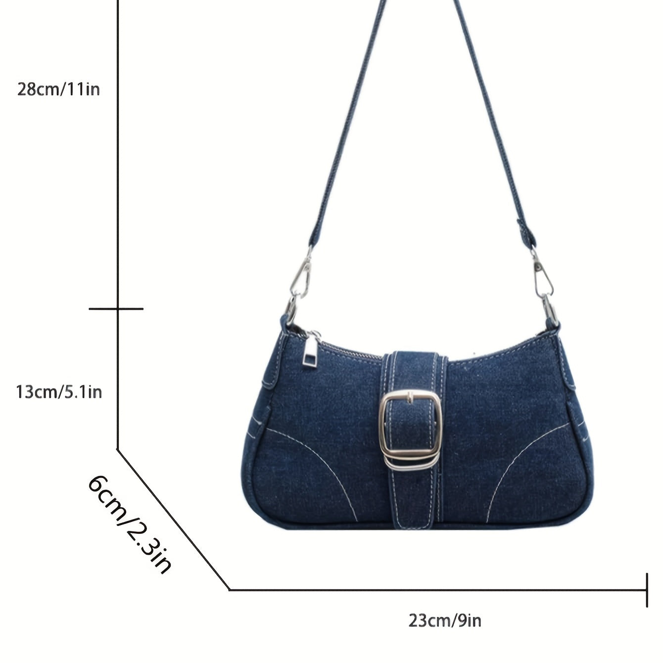 Y2K Denim Crossbody Handbag, Chain Decor Shoulder Bag, Buckle Decor Stitch Chain Baguette Bag