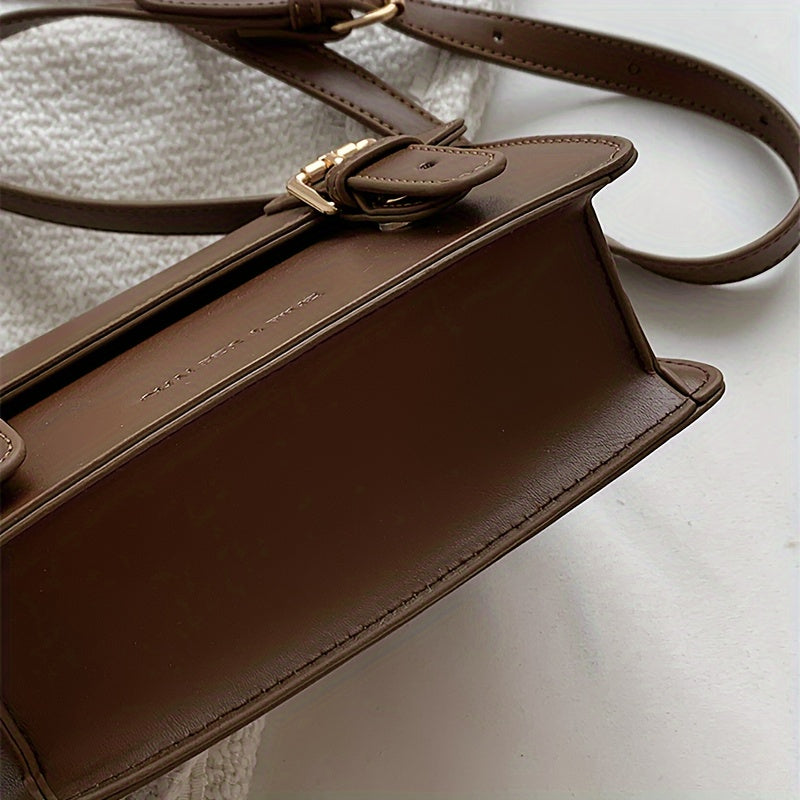 Preppy Solid Color Shoulder Square Bag, Buckles Decor Flap Crossbody Bag, Brown Girls Wallet Back To School