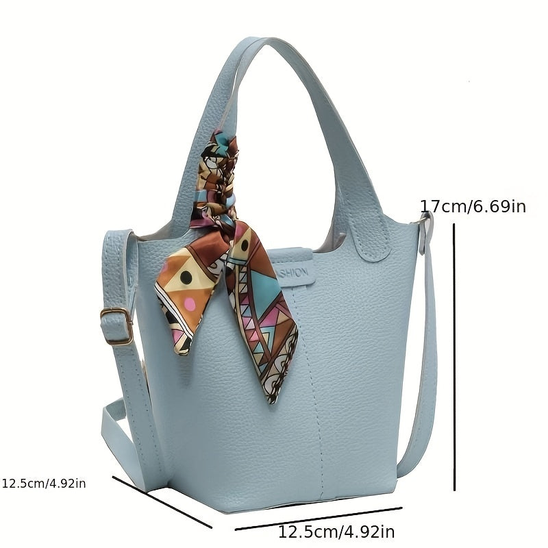 realaiot  Mini Scarf Decor Bucket Bag, Elegant PU Crossbody Bag, Women's Fashion Handbag & Shoulder Purse (12.5cm X 16.99cm X 12.5cm)