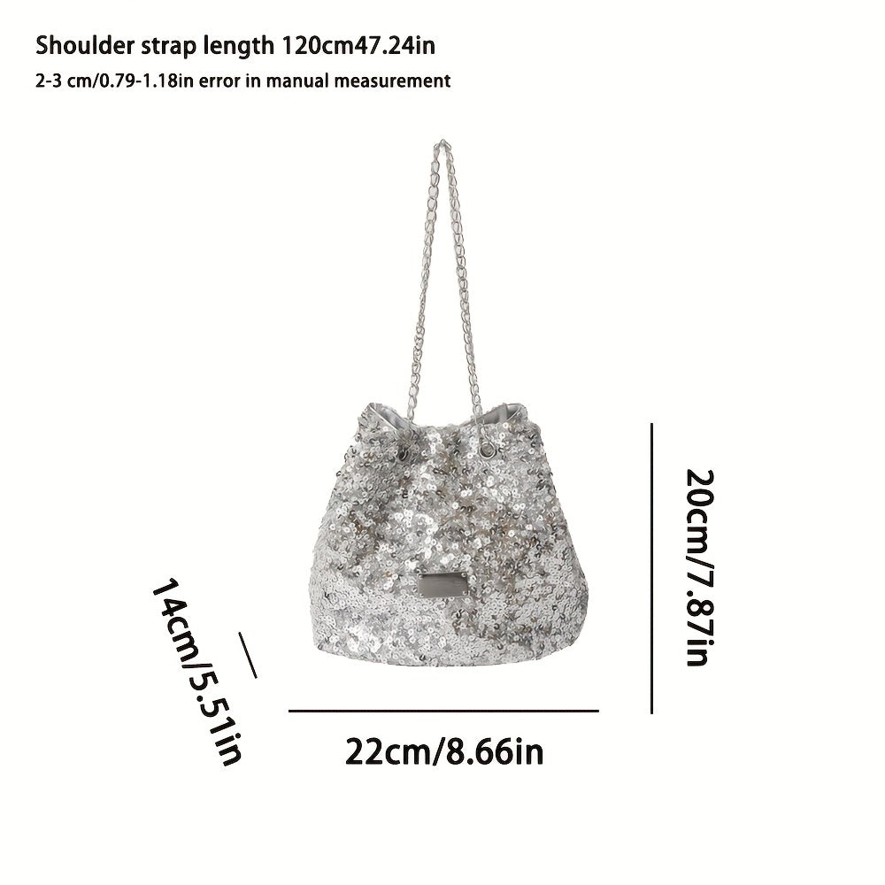 realaiot All Over Sequins Decor Bucket Bag, Glitter Classic Crossbody Bag, Drawstring Bag