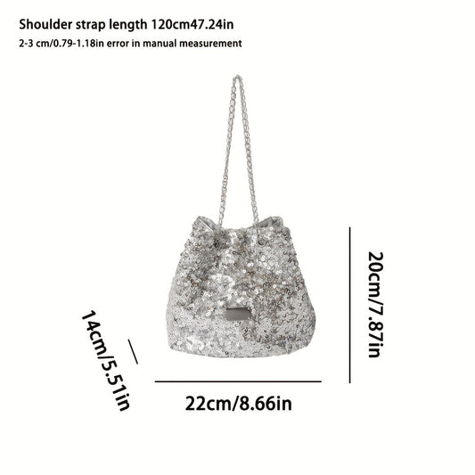 realaiot All Over Sequins Decor Bucket Bag, Glitter Classic Crossbody Bag, Drawstring Bag