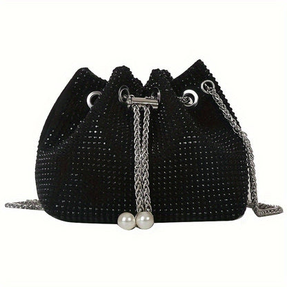 Rhinestone Decor Drawstring Bucket Bag, Glitter Mini Chain Bag, Women's Trendy Crossbody Bag