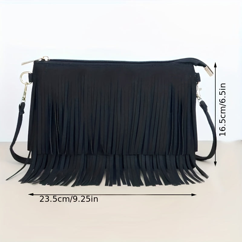 realaiot  Retro Tassel Crossbody Bag, Women's Versatile Shoulder Bag, Boho Style Fringe Square Purse