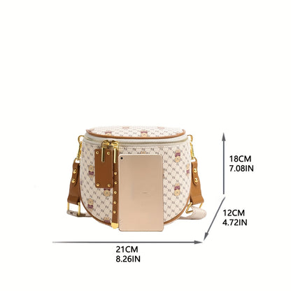 realaiot  Cute Bear Print Waist Bag, Trendy PU Leather Saddle Bag, Women's Zipper Crossbody Purse