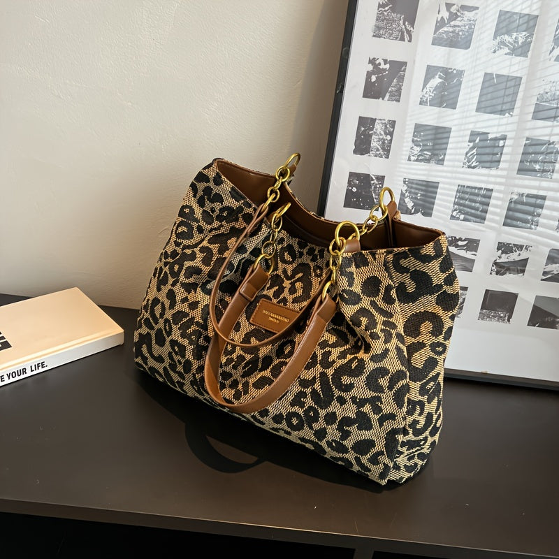 realaiot  Fashion Versatile Tote Bag, Leopard Print Large Capacity Handbag, Women's Outdoor Shoulder Bag