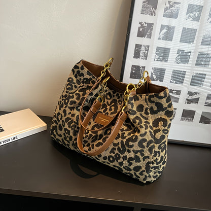 realaiot Fashion Versatile Tote Bag, Leopard Print Large Capacity Handbag, Women's Outdoor Shoulder Bag