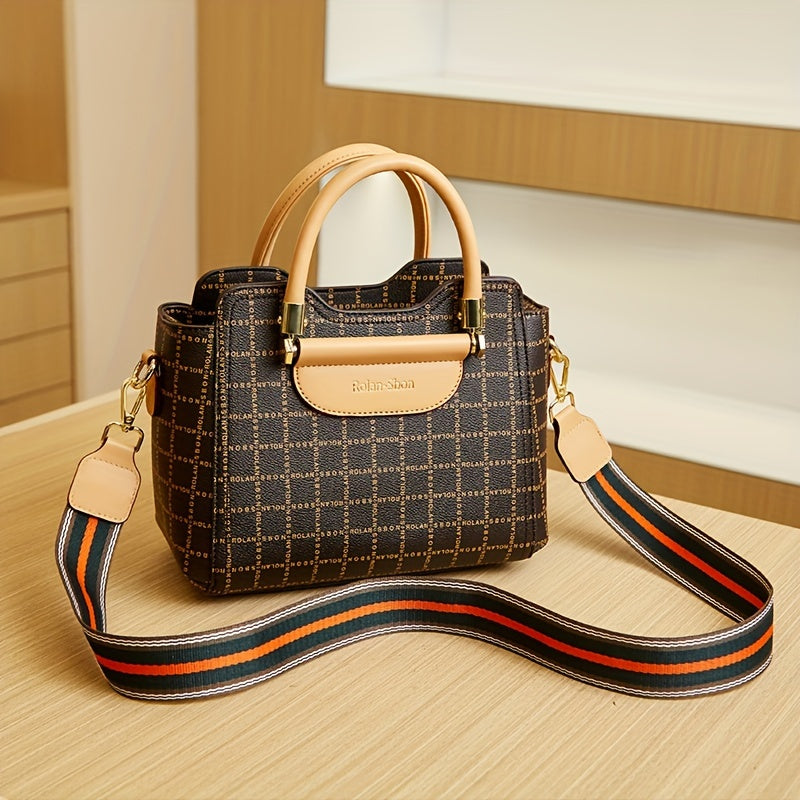 realaiotLetter Plaid Pattern Handbag, Colorblock Wide Strap Shoulder Bag, Retro Crossbody Bag Women Office & Work Purse