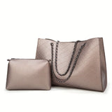 realaiot  Large Capacity Solid Color Tote Bag, PU Leather Handbag And Adjustable Metal Chain Shoulder Strap Carrying Bag