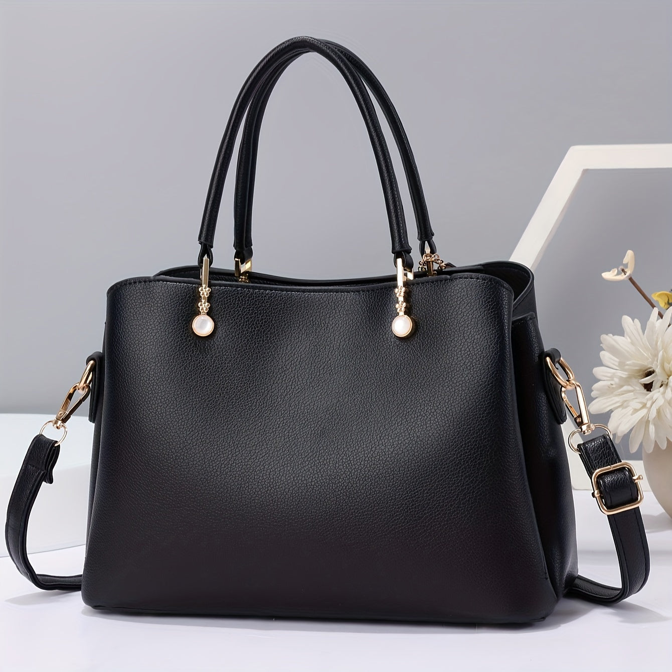 realaiot  Classic Elegant Top Handle Handbag, All-Match Textured Shoulder Commuter Bag, Women's PU Leather Bag