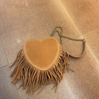 realaiot Tassel Heart Shaped Crossbody Bag, Vintage Chain Shoulder Bag, Bohemian Fringed Shoulder Bag For Women, Valentine's Day