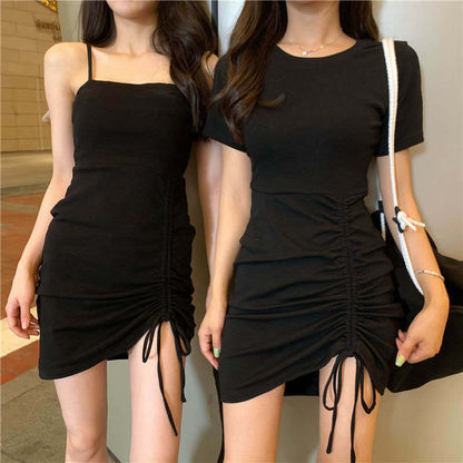 Sexy Strap Temperament Girlfriends Clothes Short Sleeve Dress Women's Summer 2024 New Drawstring Slimming Hip-Wrapped Dress