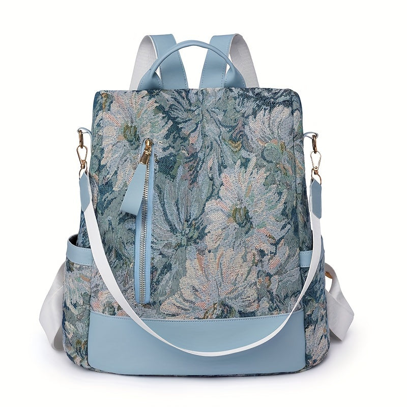 Vintage Floral Pattern Backpack, Anti-Theft Convertible Travel Daypack, Women's Fashion School Knapsack