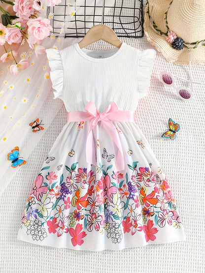 Floral Sleeveless Dress with Flutter Trim & Bow Belt - Perfect Summer Attire