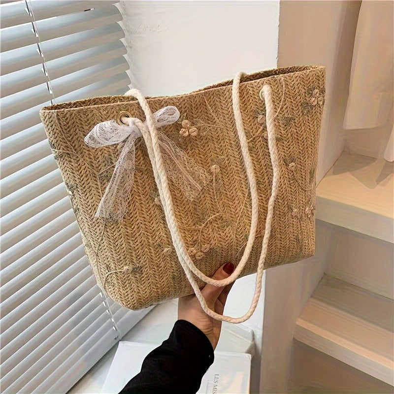 realaiot Straw Woven Tote Bag, Lace Decor Shoulder Bag, Women's Casual Handbag For Travel Beach