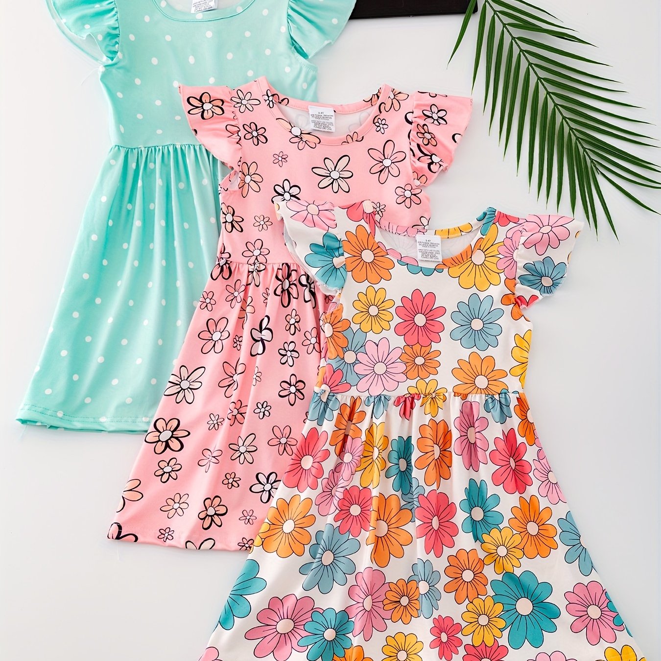 3pcs Girls Summer Floral Ruffle Dress Set - Adorable Print, Playful Ruffles, Lightweight Short Sleeves for Stylish Outfits