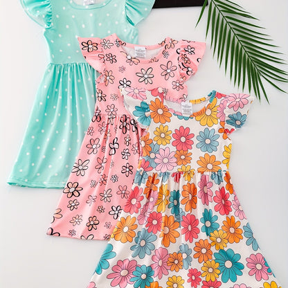 3pcs Girls Summer Floral Ruffle Dress Set - Adorable Print, Playful Ruffles, Lightweight Short Sleeves for Stylish Outfits