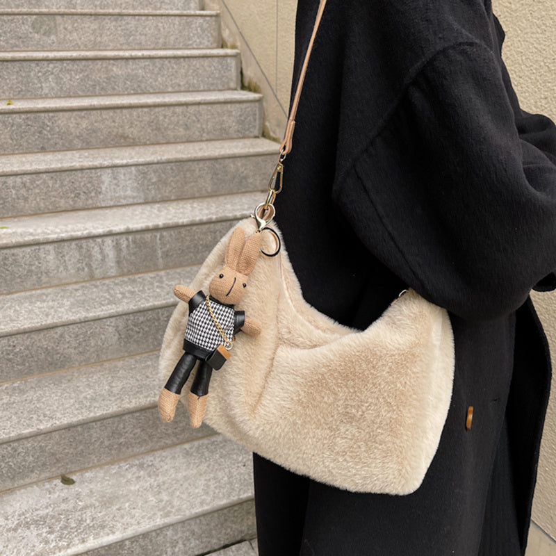 Trendy Zipper Plush Shoulder Bag, Stylish All-Match Crossbody Bag, Versatile Bag With Rabbit Pendant