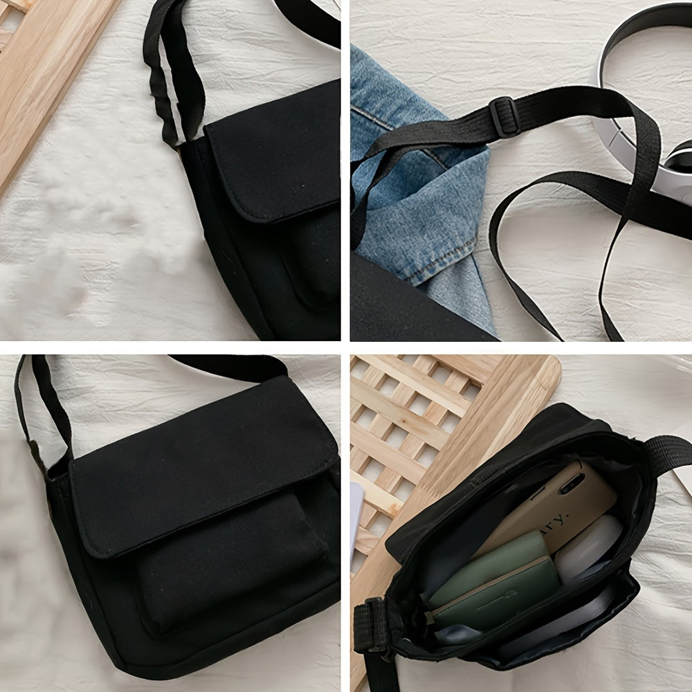 realaiot  Black Solid Color Versatile Shoulder Bag, Canvas Stylish Shoulder Bag, Casual School Trendy Crossbody Bag