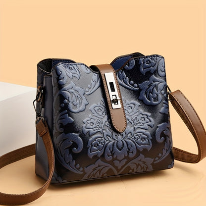 Elegant Flower Pattern Shoulder Bucket Bag, Turn-Lock Handbag For Work, Classic Textured Bag