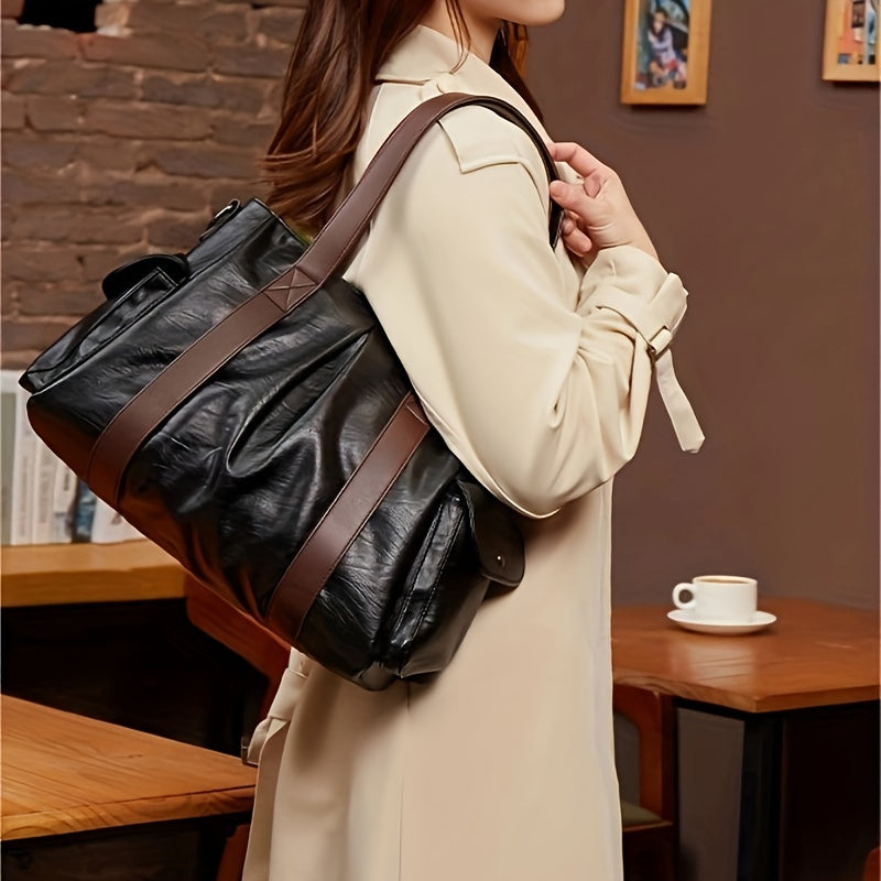 Trendy Large Capacity Tote Bag, Solid Color PU Leather Shoulder Bag, All-match Underarm Bag For Daily Use