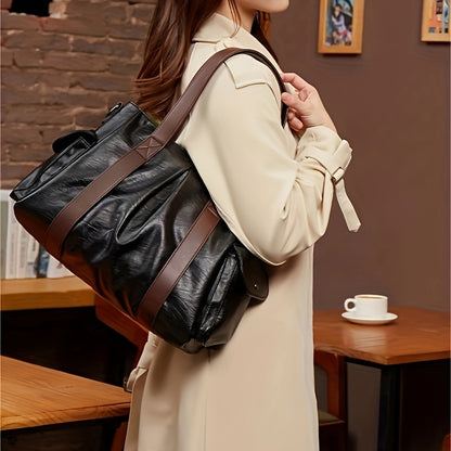 Trendy Large Capacity Tote Bag, Solid Color PU Leather Shoulder Bag, All-match Underarm Bag For Daily Use