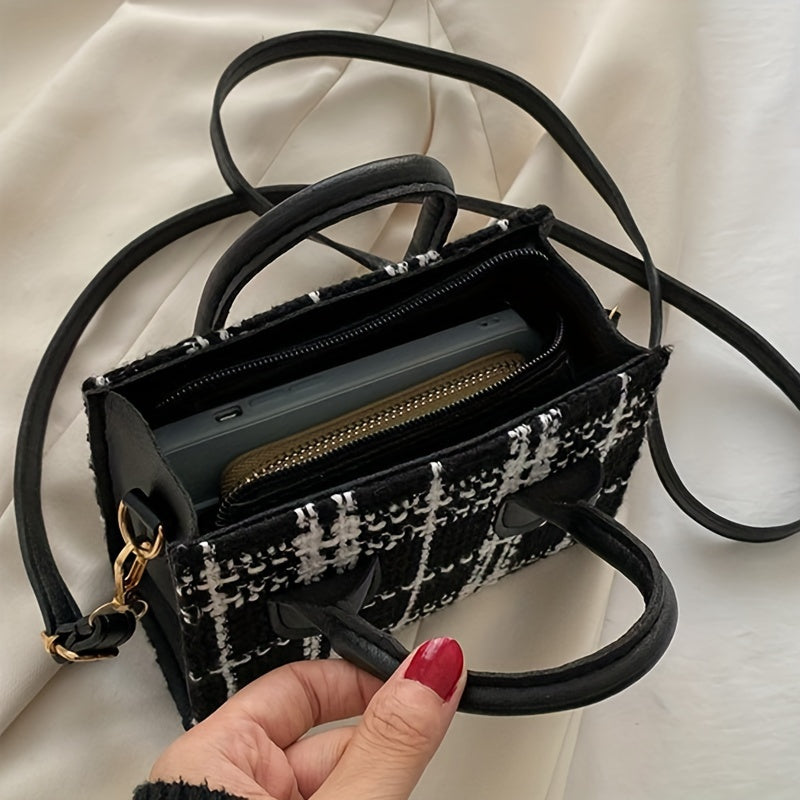 realaiotFashion Plaid Pattern Handbag, Luxury Mini Crossbody Bag, Elegant Top Handle Square Purse