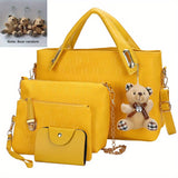 Women's Fashion Tote Bag Set, 4 Pcs Trendy Handbag & Shoulder Bag & Clutch Bag & Key Card Bag