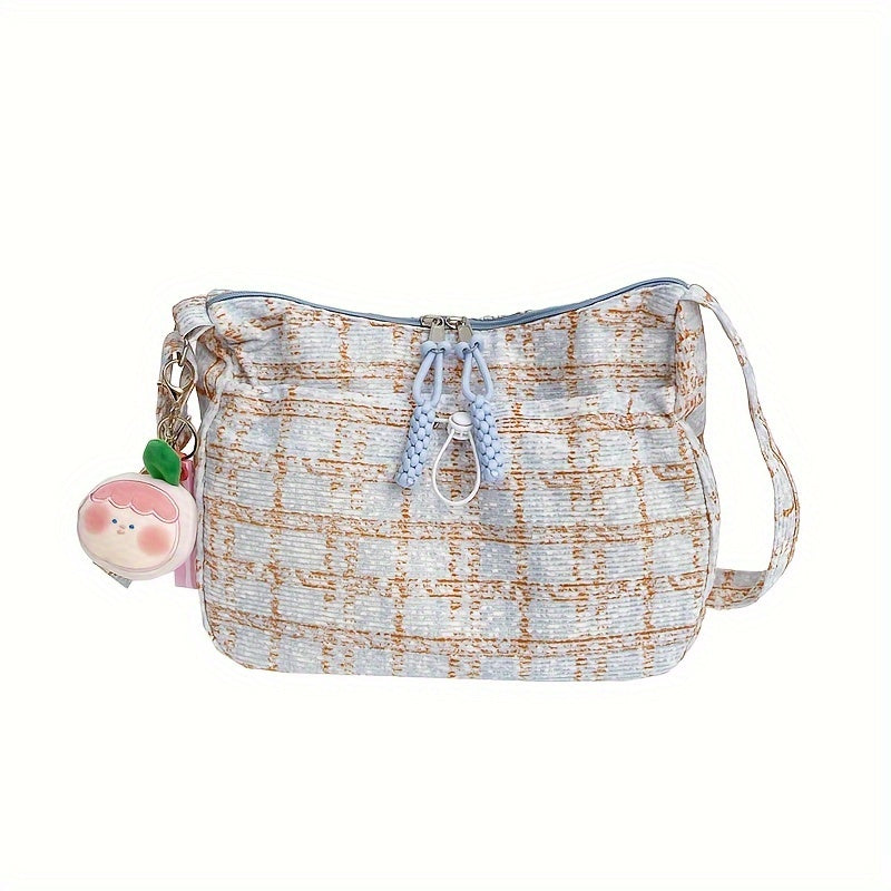 realaiot Sweet Plaid Pattern Crossbody Bag, Preppy Style School Shoulder Bag, Aesthetic Zipper Handbag For Women