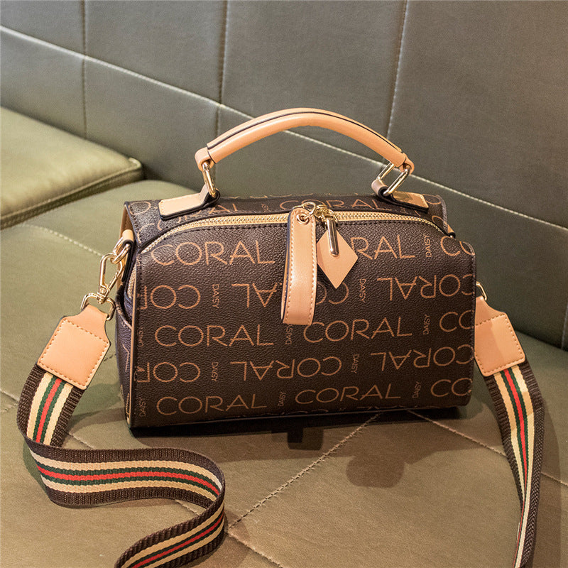 Letter Print Handbag For Women, Retro Style Crossbody Bag, Fashion Boston Bag With Zipper