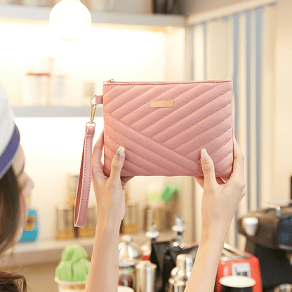 Strip Quilted Square Clutch Bag, Women's PU Leather Coin Purse, Zipper Wrist Bag For Phone & Lipsticks