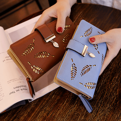 realaiot  Gold Hollow Leaves Long Wallet, Buckle Decor Foldable Handbag, Women's PU Leather Clutch Purse,