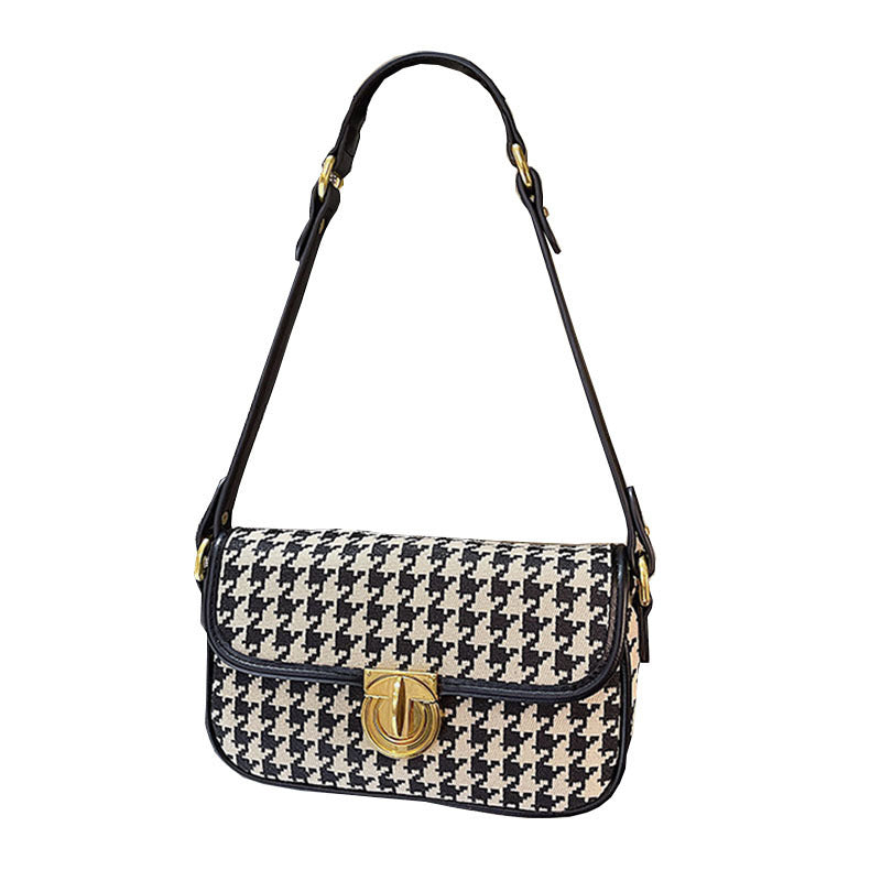 realaiot  Houndstooth Square Shoulder Bag, Women's Canvas Flap Purse, Trendy Turn Lock Crossbody Bag