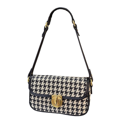 realaiot  Houndstooth Square Shoulder Bag, Women's Canvas Flap Purse, Trendy Turn Lock Crossbody Bag