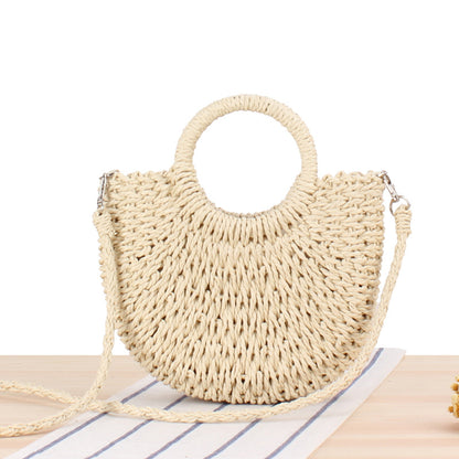 realaiot  Half-Round Rattan Woven Straw Bag, Simple Summer Beach Handbag, Women's Knitted Crossbody Bag