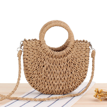 realaiot  Half-Round Rattan Woven Straw Bag, Simple Summer Beach Handbag, Women's Knitted Crossbody Bag