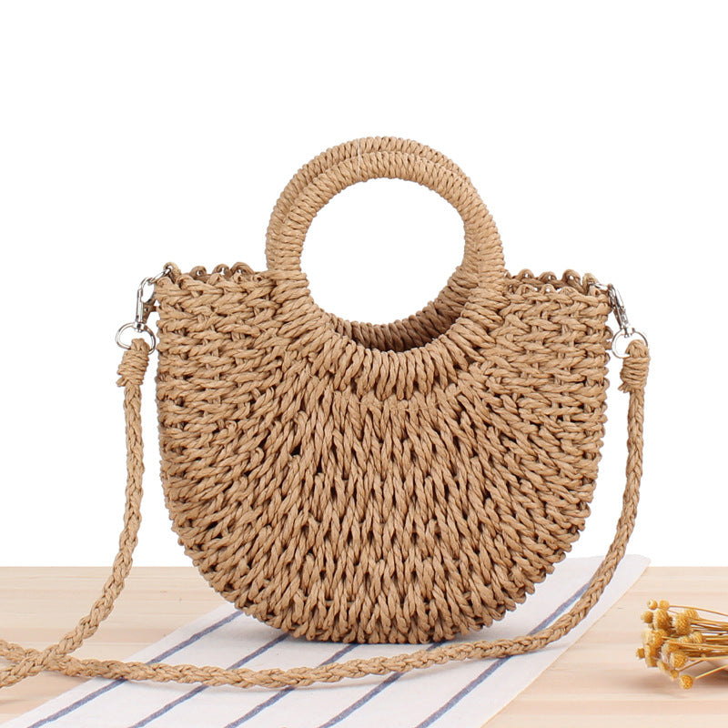 realaiot  Half-Round Rattan Woven Straw Bag, Simple Summer Beach Handbag, Women's Knitted Crossbody Bag