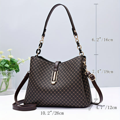 realaiot  Geometric Pattern Bucket Bag, Fashion PU Crossbody Bag, Buckle Decor Handbag For Women