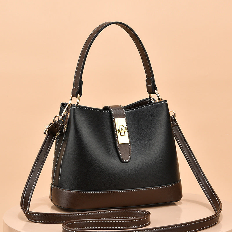 realaiot  Turn Lock Bucket Bag, Fashion PU Leather Crossbody Bag, Women's Small Stitching Handbag