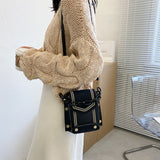 realaiot  Mini Studded Decor Crossbody Bag, Fashion Color Contrast Flap Purse, Women's Chain Mobile Phone Bag