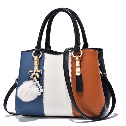 realaiot  Elegant Colorblock Tote Bag, All-Match Shoulder Bag, Large Capacity Satchel Bag With Pom Pom