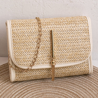 realaiot  Straw Woven Crossbody Bag, Fashion Chain Shoulder Bag, Tassel Decor Beach Bag For Travel Holiday