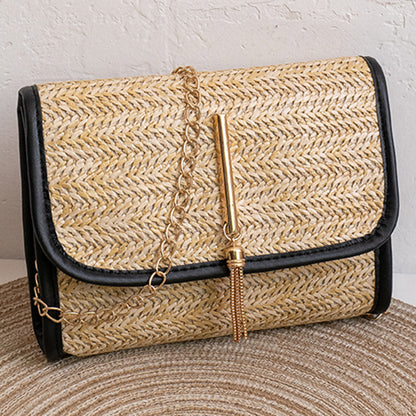 realaiot  Straw Woven Crossbody Bag, Fashion Chain Shoulder Bag, Tassel Decor Beach Bag For Travel Holiday