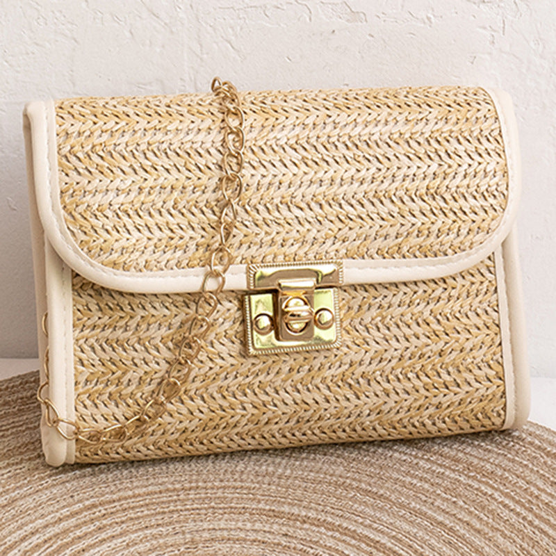 realaiot  Straw Woven Crossbody Bag, Fashion Chain Shoulder Bag, Tassel Decor Beach Bag For Travel Holiday