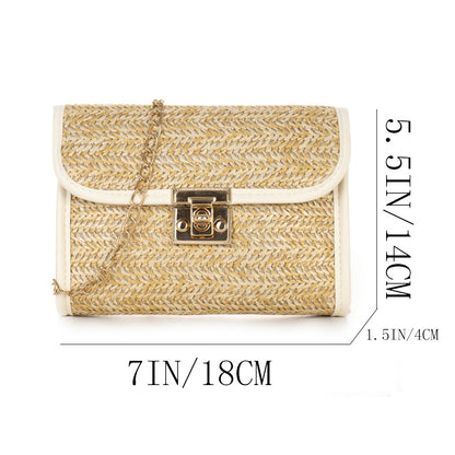 realaiot  Straw Woven Crossbody Bag, Fashion Chain Shoulder Bag, Tassel Decor Beach Bag For Travel Holiday