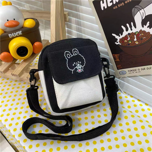 realaiot  Canvas Women‘s Phone Bag Cartoon Printed Shoulder Messenger Bag Fashion Hit Color Flap Purse Casual Handbag Female Shopping Bag