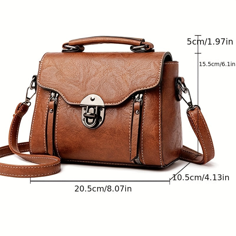 realaiot  Flap Solid Color Shoulder Bag, Stylish PU Leather Retro Portable Handle  Handbag, Zipper Large Capacity Detachable Strap Crossbody Bag